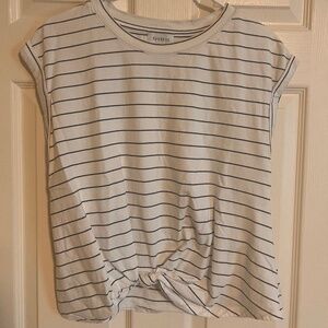 Evereve White and Black Striped Short Sleeve Knot Front Tee